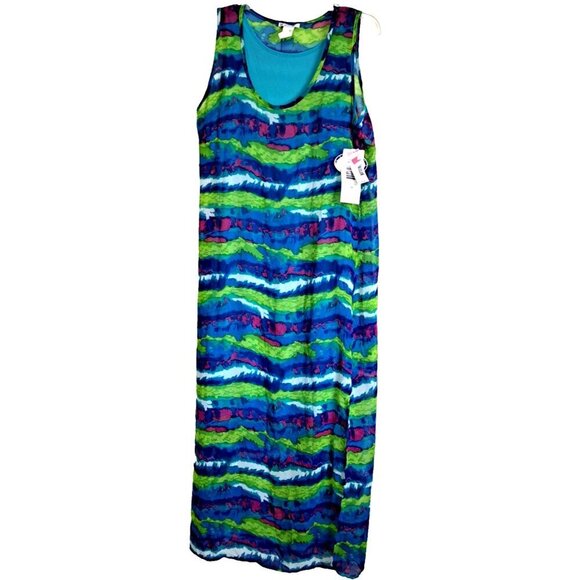 Amanda Lane Women's 14 Multicolor  Maxi Striped Watercolor Lined Tank Dress New - Picture 1 of 12